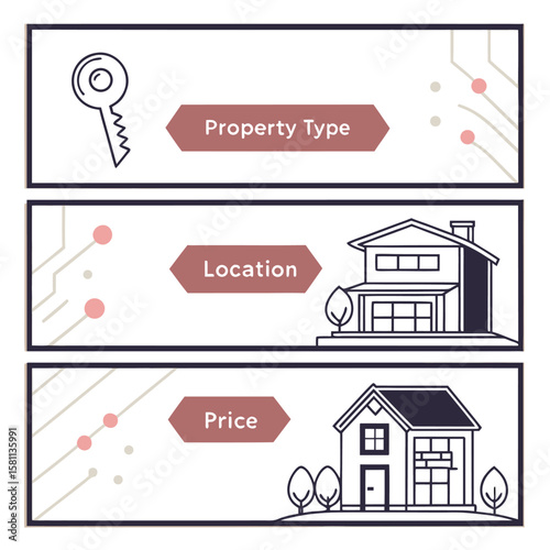 Infographic showcasing property search criteria including type location and price with house icons