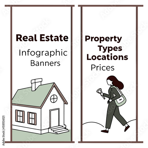 Two real estate infographic banners displaying a house and a woman with keys representing property types