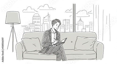 Businesswoman Working From Home Office, City View Sketch