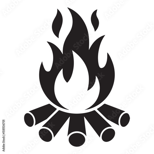 Vector art of a black and white graphic illustration of a campfire with flames isolated on white background
