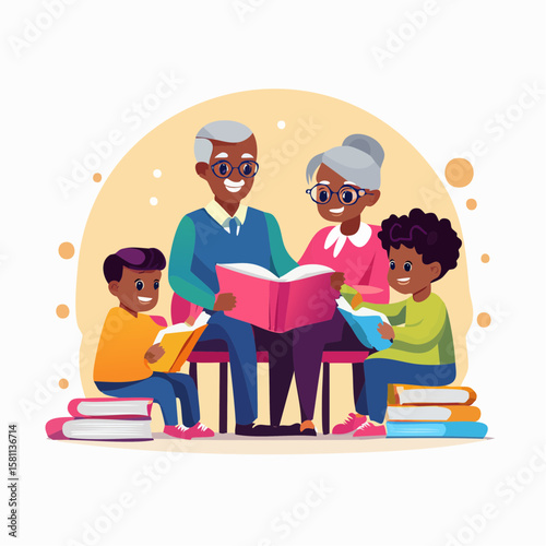 happy family reading a book together