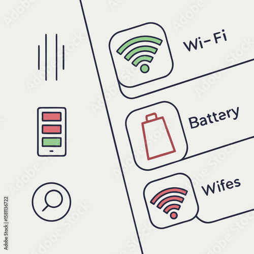 Illustration of a phone screen displaying wi fi battery and wives icons with search and signal icons
