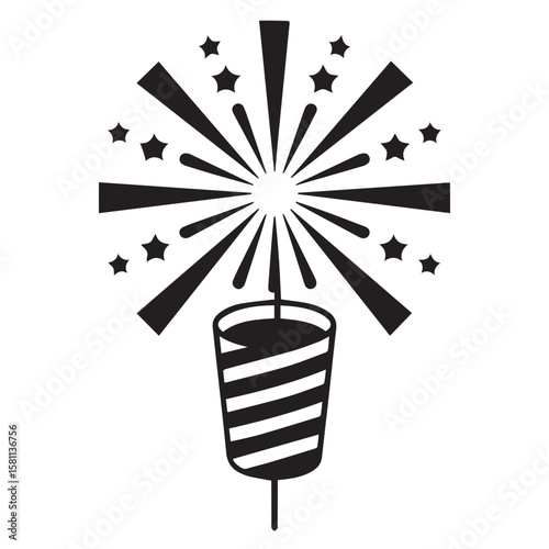 Vector art of a black and white firework exploding with stars isolated on white background