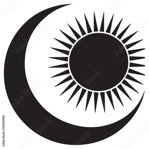 Vector art of a black and white graphic illustration of a crescent moon and sun isolated on white background
