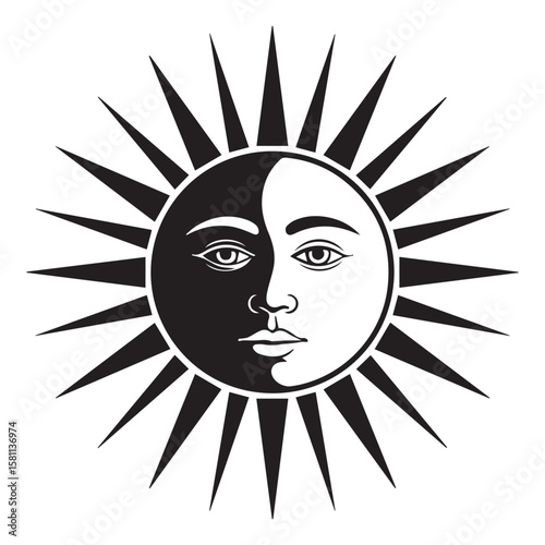 Vector art of a black and white graphic illustration of a sun with a human face isolated on white background