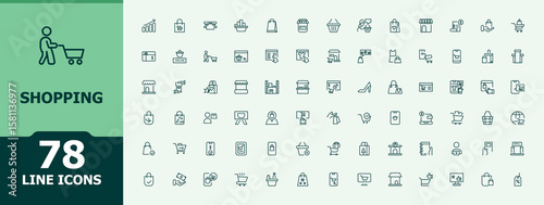 Shopping line icon set. Contains outline symbols like e-commerce, business, shop, store, bag, cart, sell and more. Business icon. Minimal linear icons. Art and illustration.