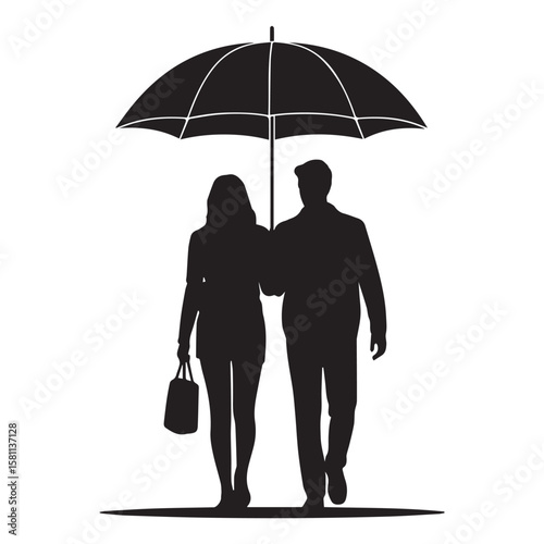 Vector art of a black silhouette of a couple walking under an umbrella isolated on white background