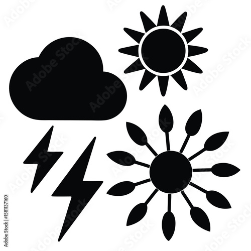 Weather Icons Sun, Cloud, Lightning, and Wind Symbols