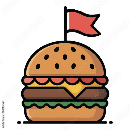 Vector art of a cartoon burger with a red flag on top isolated on white background