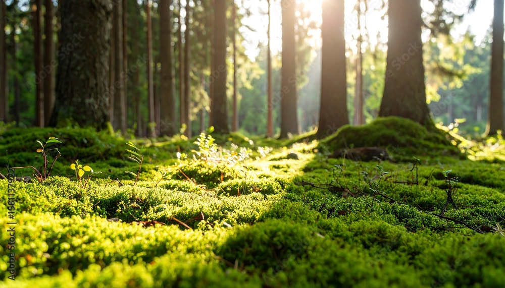 Fototapeta premium Sunlight filtering through a dense forest floor covered in moss