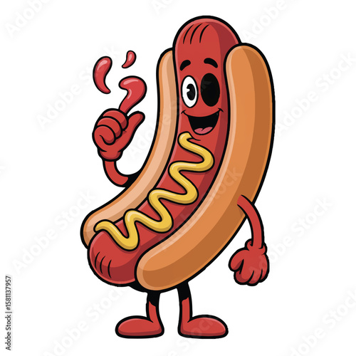 Vector art of a cartoon hotdog character with mustard and ketchup isolated on white background