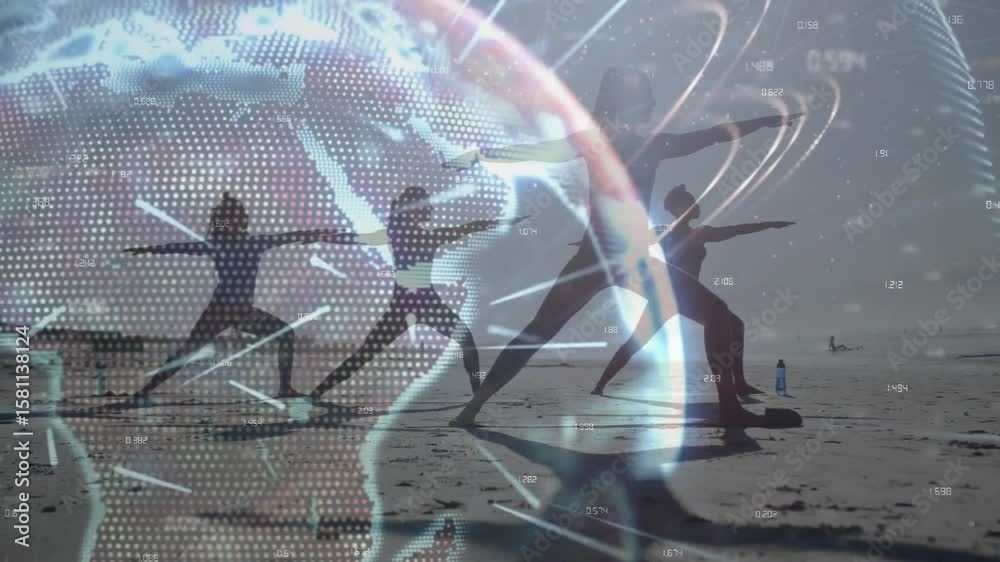 Instructor guiding four women bending into Warrior II as rotating data globe over beach for health
