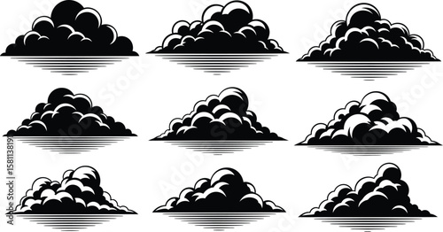 Decorative cloud designs feature black vector weather elements