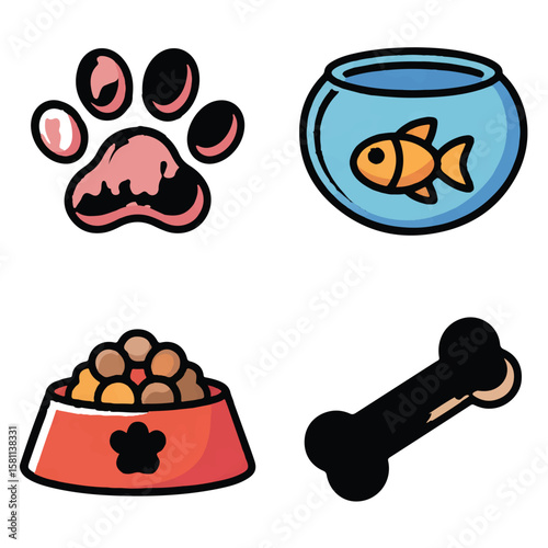 Vector art of a collection of petrelated icons including a paw print, fish bowl, food dish, and bone, isolated on white background