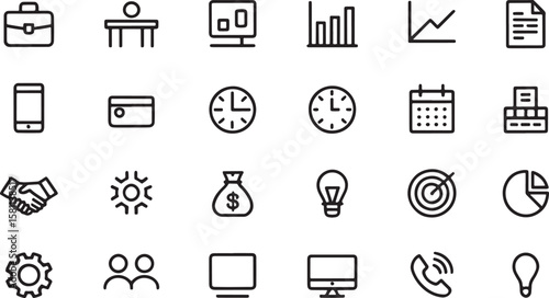 Minimal Bold Business Icon Pack. 24 Clean Line Icons for Finance, Office, Planning, UI, Strategy, Communication, Marketing, Target, Analysis, Development, Report, and Productivity Use
