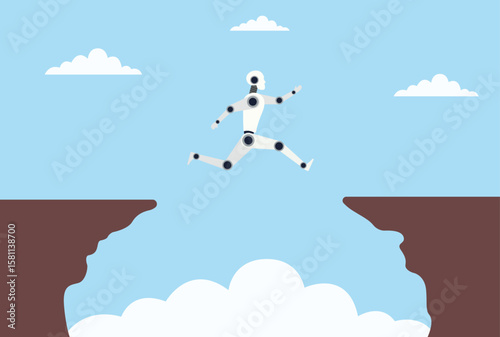 Vector illustration of a robot jumping from one mountain peak to another, representing AI’s bold strides and ability to overcome challenges in the quest for progress and innovation
