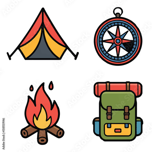 Vector art of a colorful camping illustration featuring a tent, compass, bonfire, and backpack, symbolizing the joy of outdoor adventures