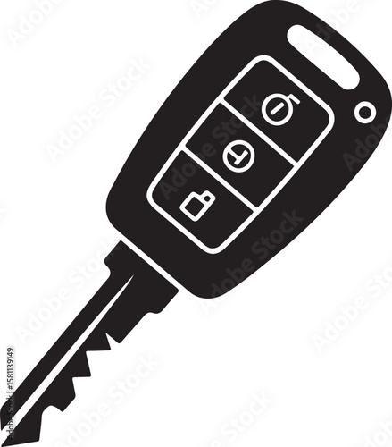 Modern car key fob with three buttons and a cut metal key silhouette