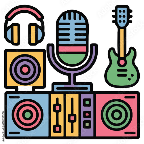 Vector art of a colorful music studio setup with instruments and equipment isolated on white background