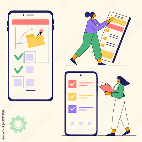 Illustration of two women interacting with digital checklists on smartphones with a gear icon present