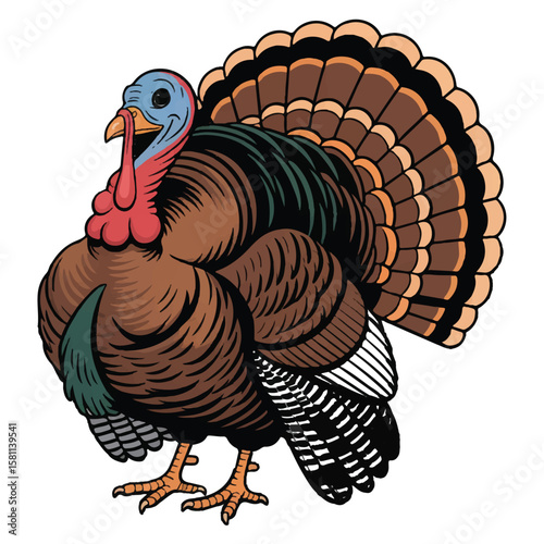 Vector art of a colorful turkey stands proudly isolated on white background