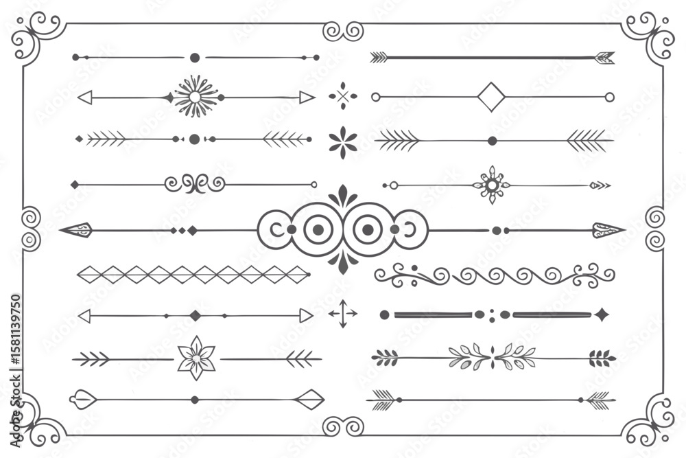 Decorative line dividers and borders vector set with vintage and art deco ornamental page separators.
