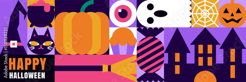 Happy Halloween banner, poster, greeting card. Geometric background with castle, pumpkin. Holiday vector illustration