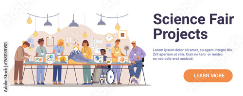 Science fair students presenting experiments teamwork diverse group showcasing volcano solar system biology models classroom background project display