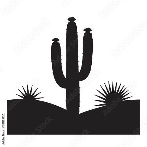 Vector art of a desert landscape with cactus, isolated on white background, evokes the spirit of the southwest