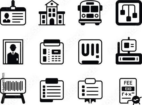 Collection of Black and White Flat Icons Representing School and Office Supplies