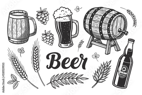 Vintage Beer & Brewery Illustrations - Hand-Drawn Engraving Sketch Set