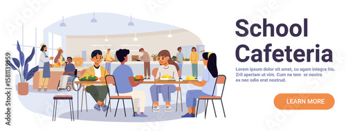 School cafeteria students eating lunch diverse children sitting at tables food servers in background bright interior modern canteen website banner
