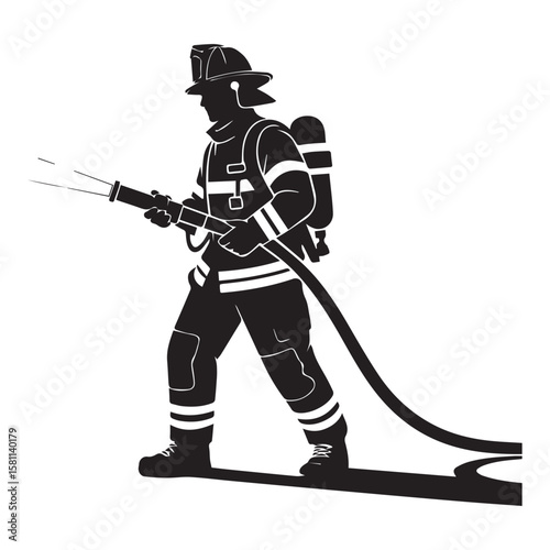 Vector art of a firefighter in full gear holds a hose, isolated on white background, ready for action