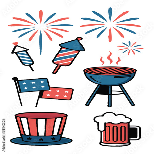 Vector art of a festive collection of 4th of july icons, isolated on a white background