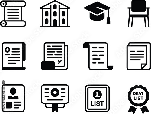 Collection of education and legal document icons representing graduation and official records