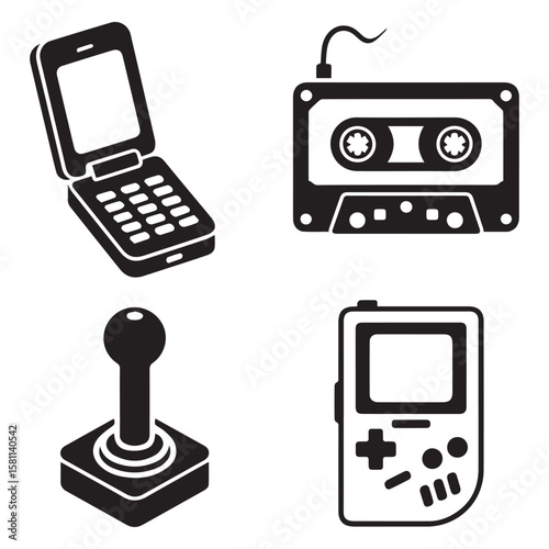 Vector art of a flip phone, cassette tape, joystick, and handheld console are isolated on white background