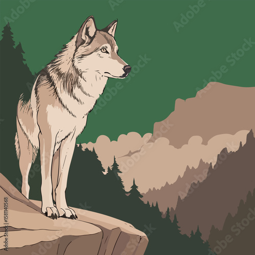 illustration of a wolf waiting for prey on the edge of a cliff