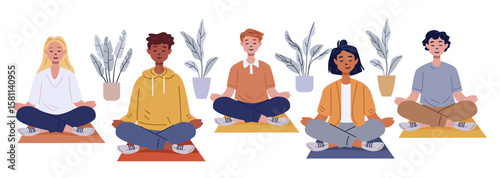 Students meditation mindfulness classroom group sitting yoga mats plants calm atmosphere wellness activity school environment landing page