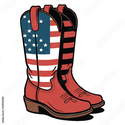 Vector art of a pair of cowboy boots decorated with the american flag isolated on white background