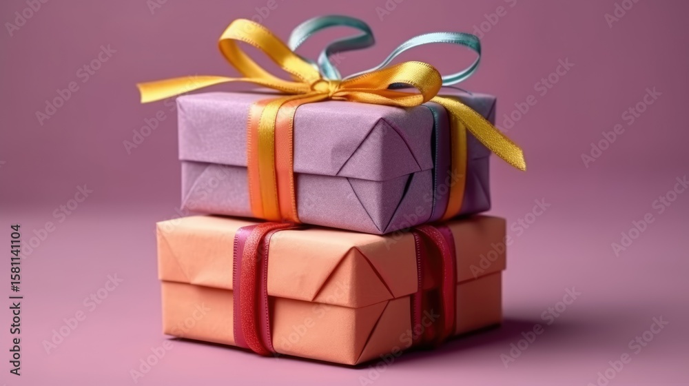 Fototapeta premium Colorful Gift Boxes with Ribbons on Pink Background