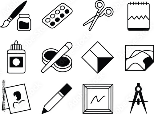 Set of Simple Black and White Art and Craft Supplies Icons
