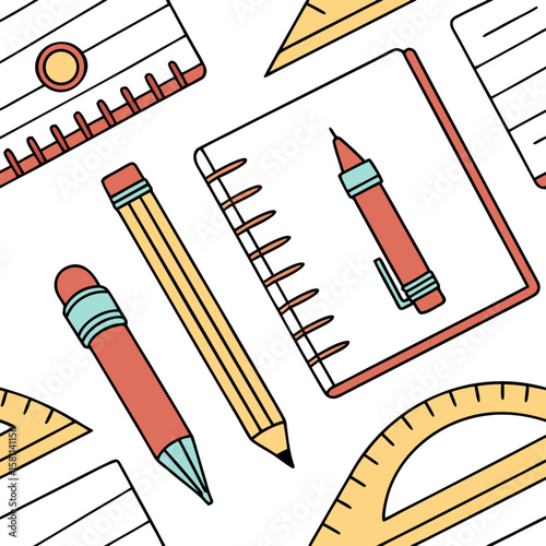 Illustration of school supplies including pencils, pens, notebook, rulers, and a pencil sharpener