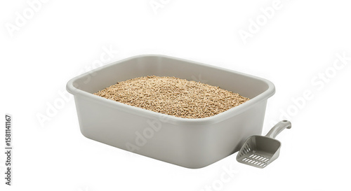 Light gray cat litter box filled with pellets and a scoop isolated on transparent background