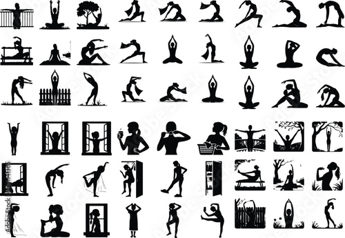 Girl Stretching in Morning Silhouette – Wake Up Pose Icon Set Morning Yoga Stretch Girl Silhouette – Relax & Fitness Vector Set