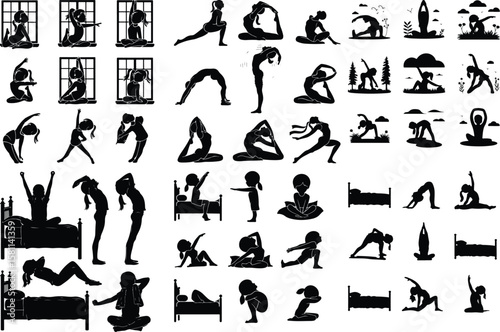 Girl Stretching in Morning Silhouette – Wake Up Pose Icon Set Morning Yoga Stretch Girl Silhouette – Relax & Fitness Vector Set