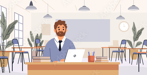 Teacher in classroom back to school concept modern classroom interior with male teacher at desk laptop plants chairs books daylight flat design