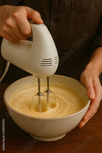 Mixing Batter with Electric Mixer: Person using electric mixer blends ingredients in bowl, creating smooth batter, capturing the essence of home cooking and culinary preparation.