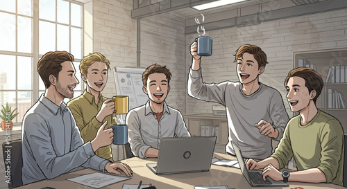 A Group of Young Professionals Enjoying a Collaborative Meeting and Coffee Break in a Bright Office Space
