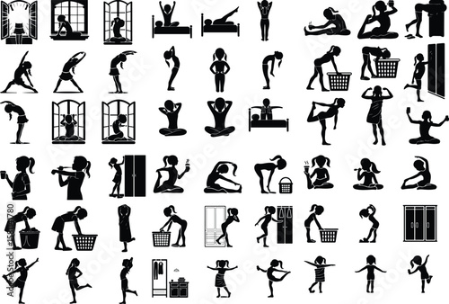 Girl Stretching in Morning Silhouette – Wake Up Pose Icon Set Morning Yoga Stretch Girl Silhouette – Relax & Fitness Vector Set