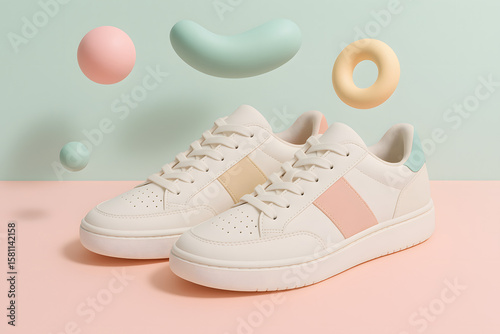 Pastel Sneakers Still Life: Pastel colored sneakers is surrounded by a playful arrangement of pastel geometric shapes that exudes fun, freshness, and modern style.
